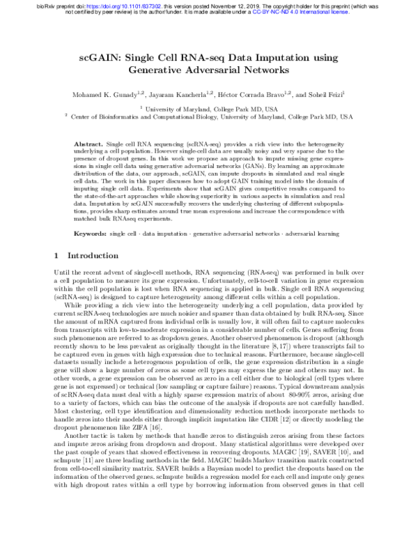 (PDF) scGAIN: Single Cell RNA-seq Data Imputation using Generative ...