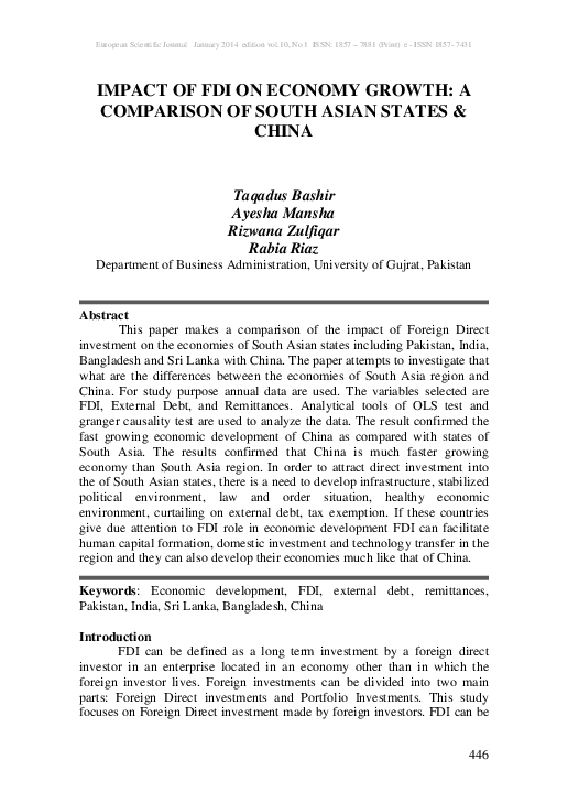 (PDF) Impact of Fdi on Economy Growth: A Comparison of South Asian ...