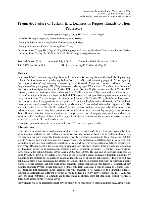 (PDF) Pragmatic Failure of Turkish EFL Learners in Request Emails to ...