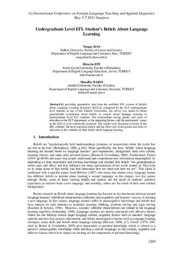(PDF) Undergraduate Level EFL Student's Beliefs About Language Learning
