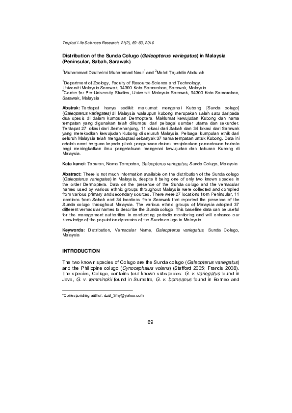 (PDF) Distribution of the Sunda Colugo (Galeopterus variegatus) in ...