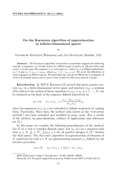 (PDF) On the Kaczmarz algorithm of approximation in infinite ...