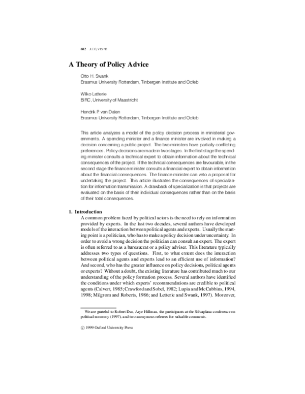 (PDF) A theory of policy advice Wilko Letterie Academia.edu