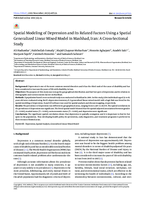(PDF) Spatial Modeling of Depression and Its Related Factors Using a ...