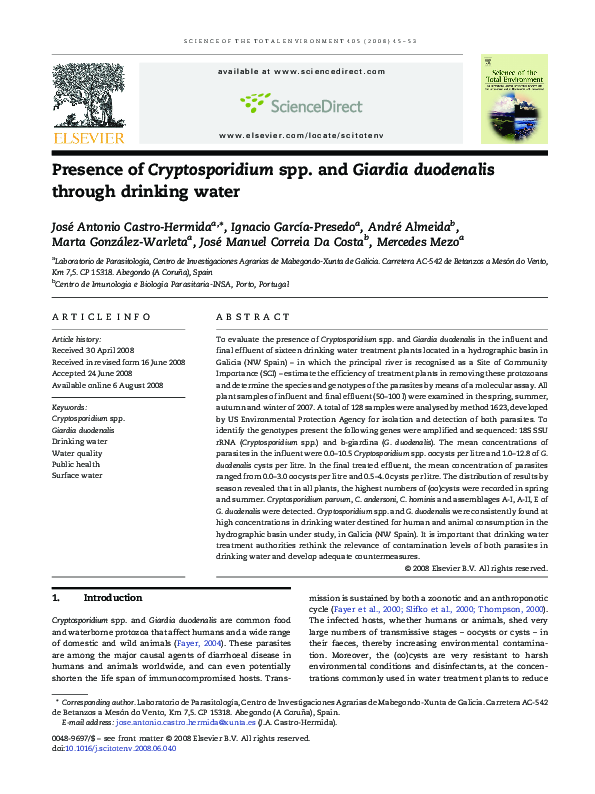 (PDF) Presence of Cryptosporidium spp. and Giardia duodenalis through ...