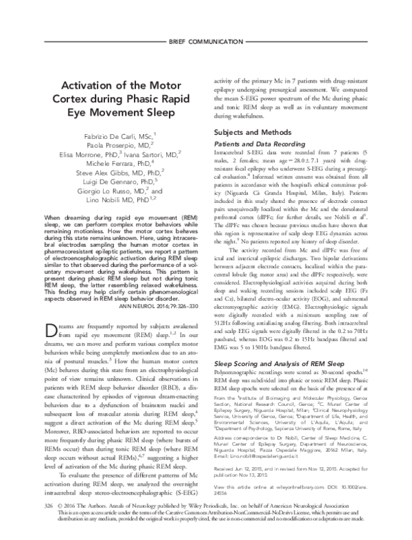 (PDF) Activation of the motor cortex during phasic rapid eye movement sleep