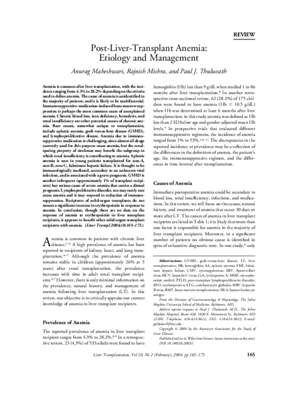 (PDF) Postlivertransplant anemia Etiology and management Paul