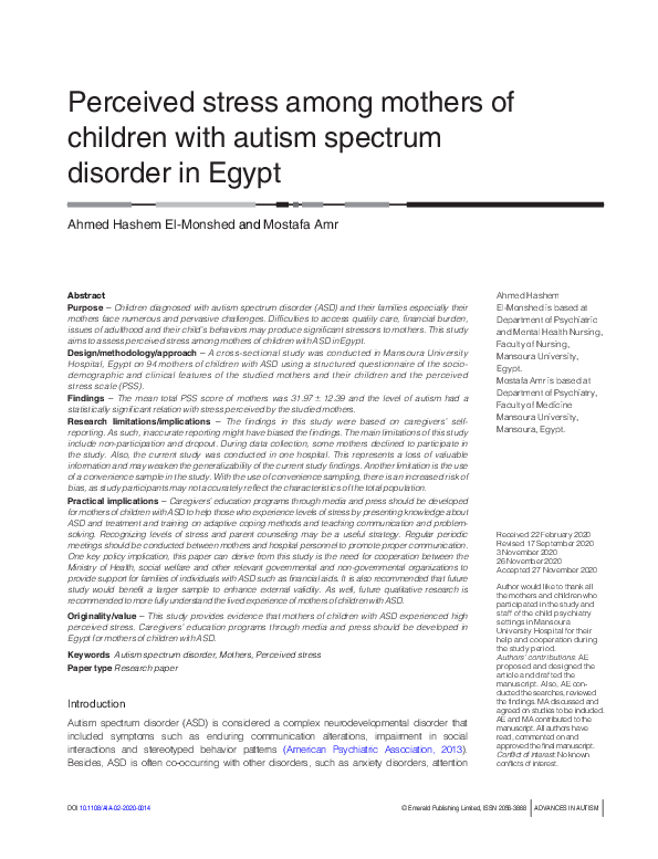 (PDF) Perceived stress among mothers of children with autism spectrum ...