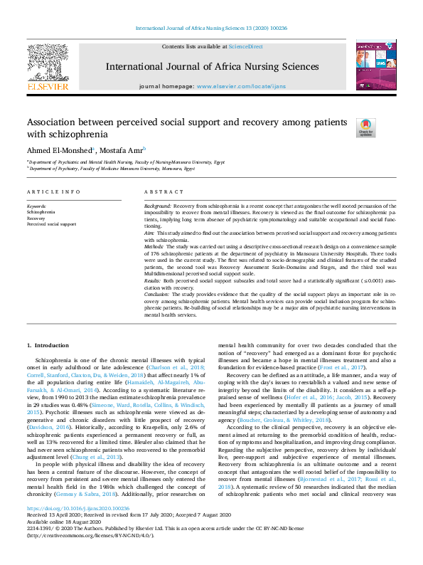 (PDF) Association between perceived social support and recovery among ...