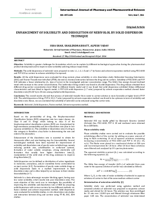 (PDF) Enhancement of Solubility and Dissolution of Nebivolol by Solid ...