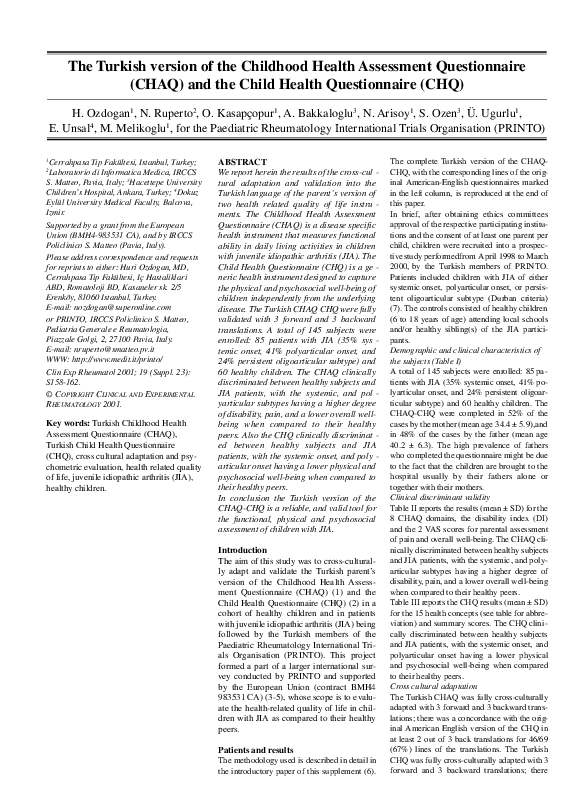 (PDF) The Turkish version of the Childhood Health Assessment