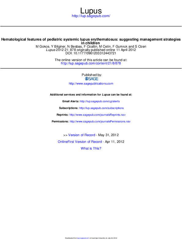 (PDF) Hematological features of pediatric systemic lupus erythematosus ...