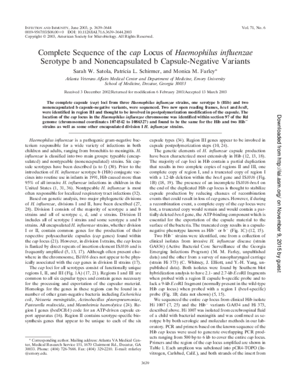 (PDF) Complete Sequence of the cap Locus of Haemophilus influenzae ...