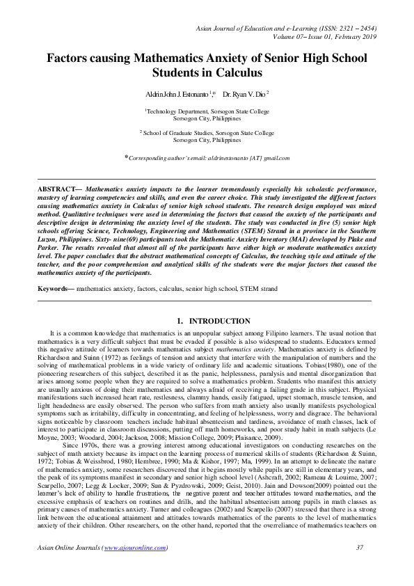 (PDF) Factors causing Mathematics Anxiety of Senior High School ...