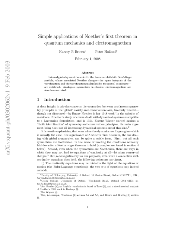 (PDF) Simple applications of Noether’s first theorem in quantum ...