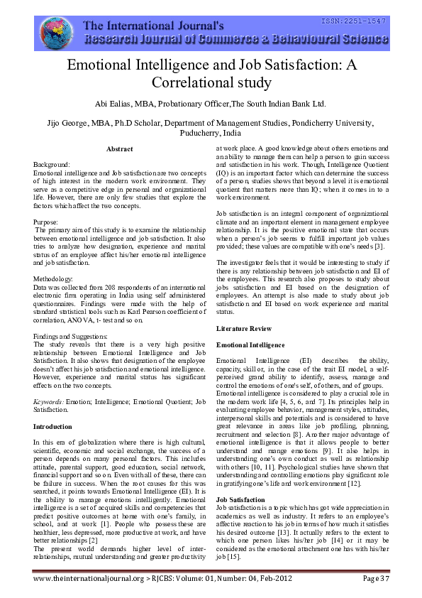 (PDF) Emotional Intelligence and Job Satisfaction: A Correlational Study