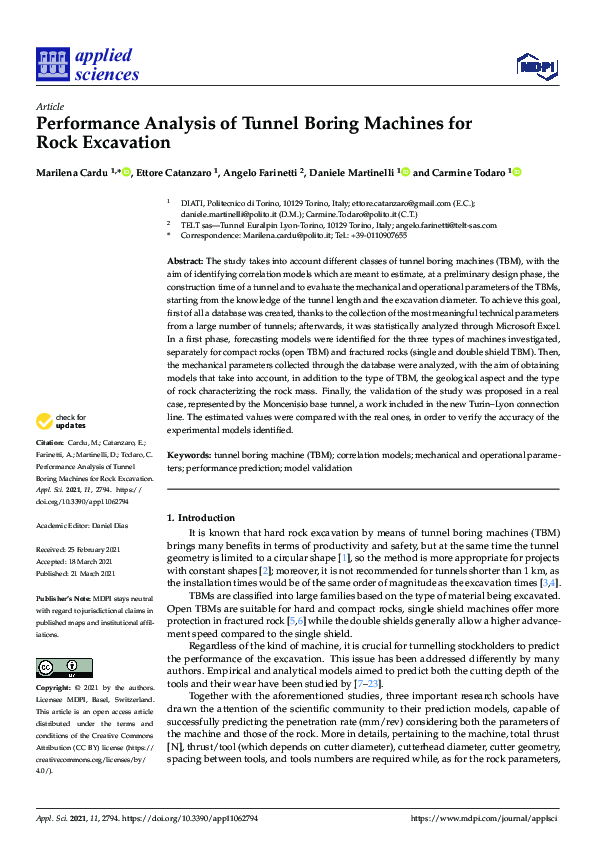 (PDF) Performance Analysis of Tunnel Boring Machines for Rock Excavation