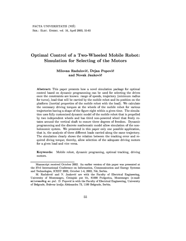 (PDF) Optimal control of a two-wheeled mobile robot: Simulation for ...