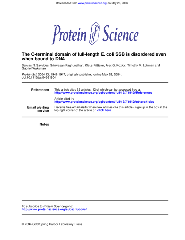 (PDF) The C-terminal domain of full-length E. coli SSB is disordered ...