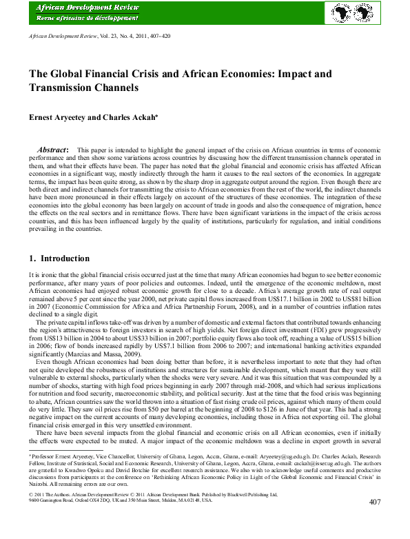 (PDF) The Global Financial Crisis and African Economies: Impact and ...