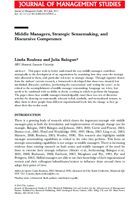 (PDF) Middle Managers, Strategic Sensemaking, and Discursive Competence
