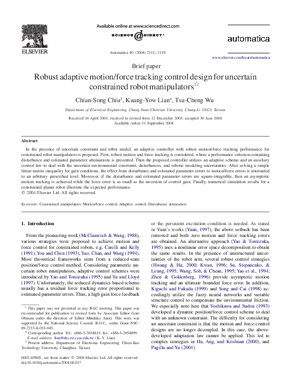 (PDF) Robust adaptive motion/force tracking control design for ...