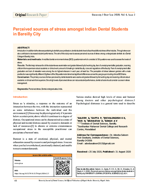 (PDF) Perceived sources of stress amongst Indian dental students in ...