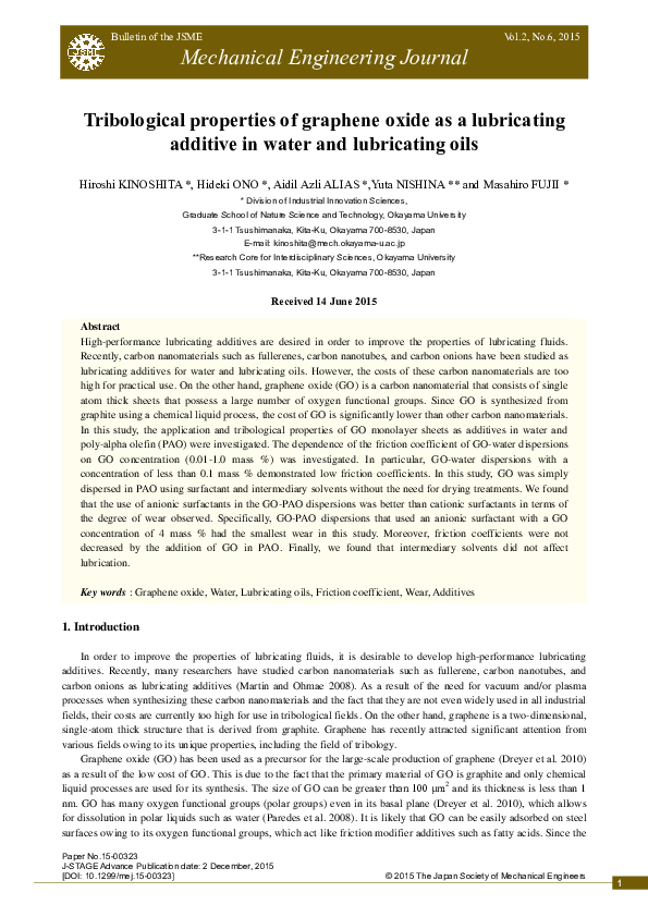 (PDF) Tribological properties of graphene oxide as a lubricating ...