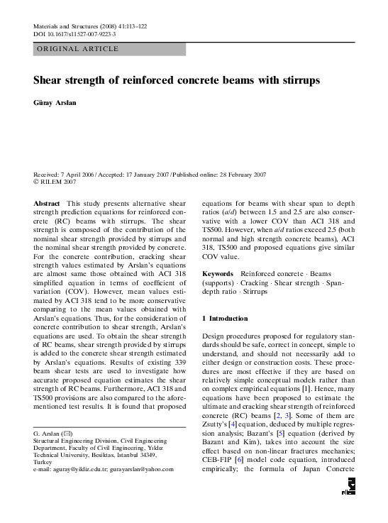 (PDF) Shear strength of reinforced concrete beams with stirrups