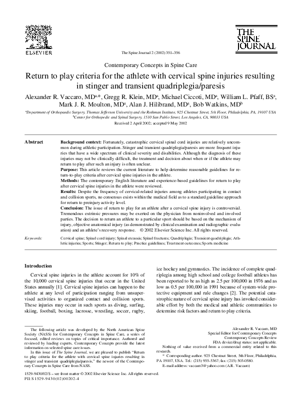 (PDF) Return to play criteria for the athlete with cervical spine ...
