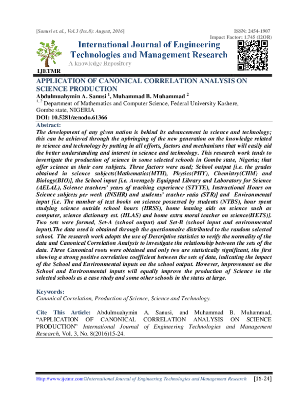 (PDF) Application of Canonical Correlation Analysis on Science Production
