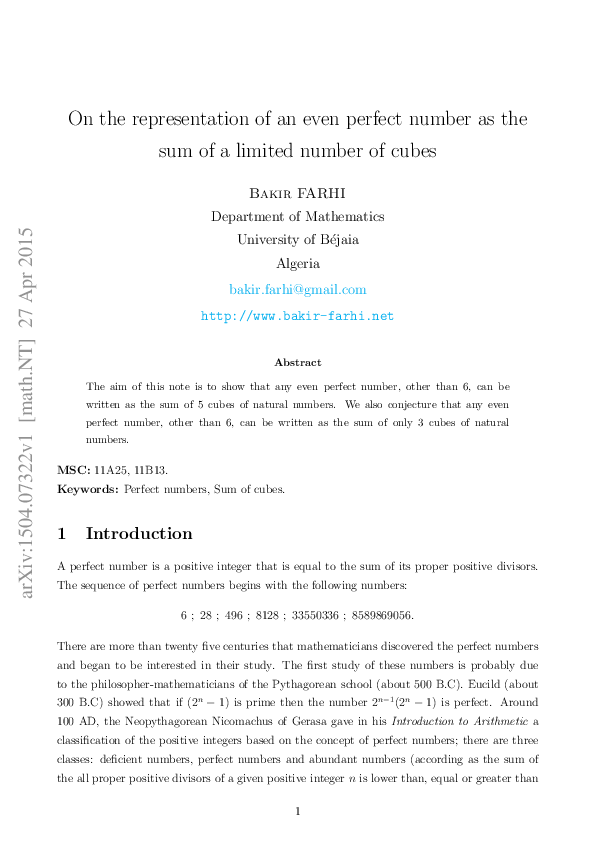 (PDF) On the representation of an even perfect number as the sum of ...