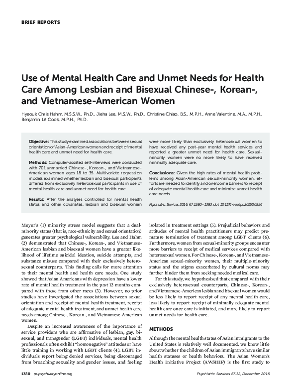 (PDF) Use of Mental Health Care and Unmet Needs for Health Care Among ...
