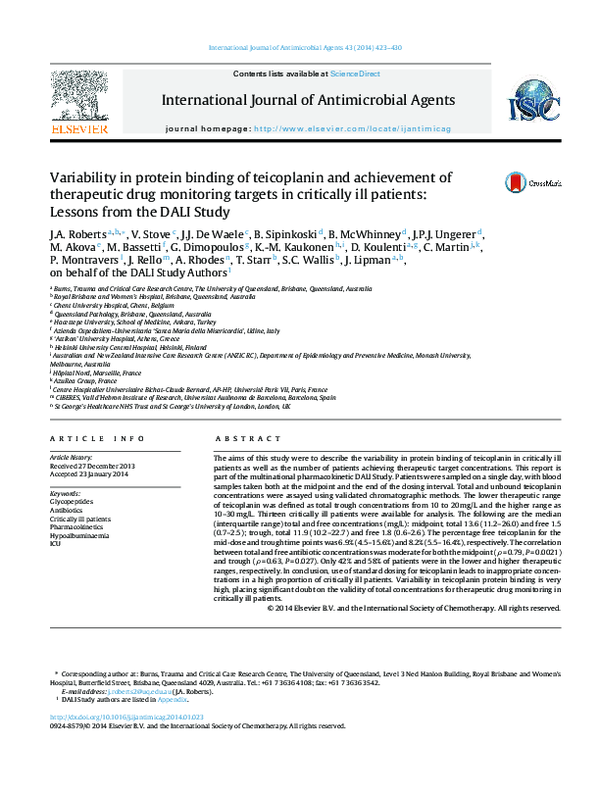 (PDF) Variability in protein binding of teicoplanin and achievement of ...