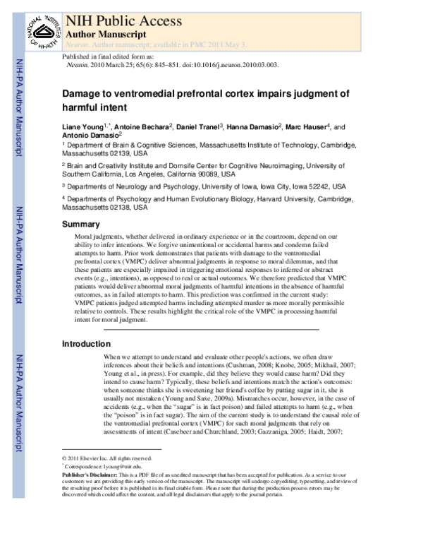 (PDF) Damage to Ventromedial Prefrontal Cortex Impairs Judgment of ...