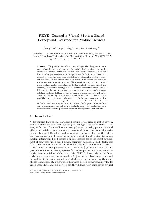 (PDF) Peye: Toward a visual motion based perceptual interface for ...