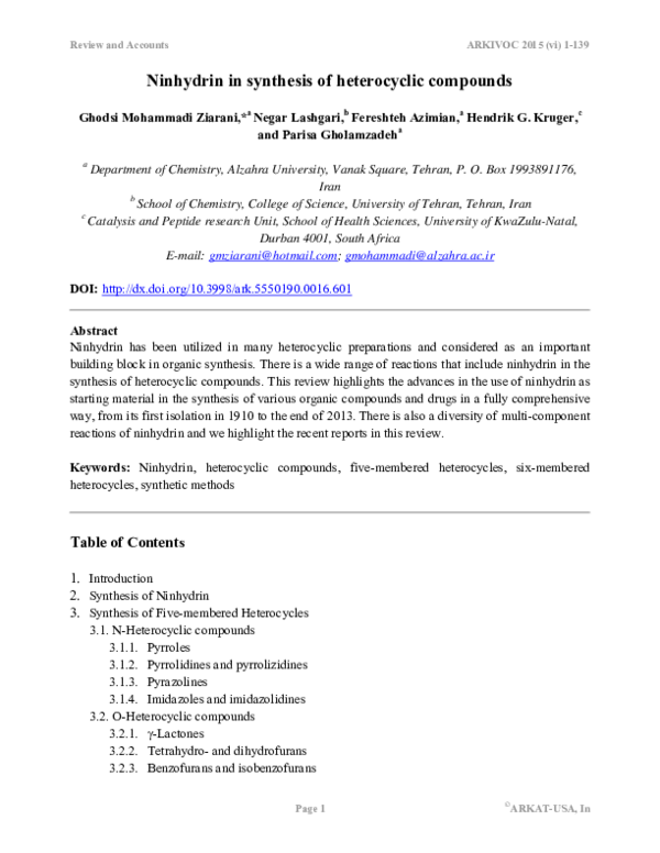 (PDF) Ninhydrin in synthesis of heterocyclic compounds