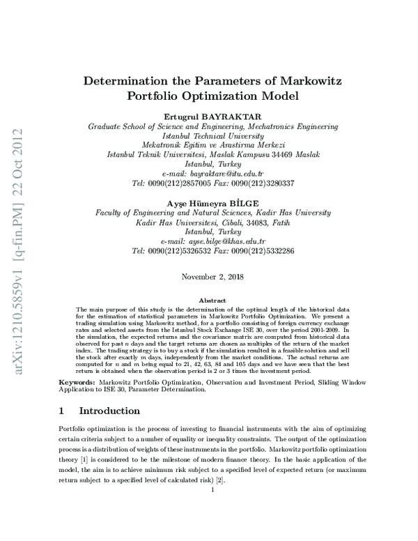 (PDF) Determination the Parameters of Markowitz Portfolio Optimization ...
