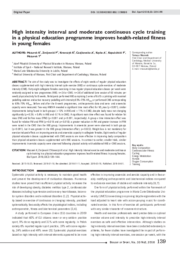 (PDF) High intensity interval and moderate continuous cycle training in ...