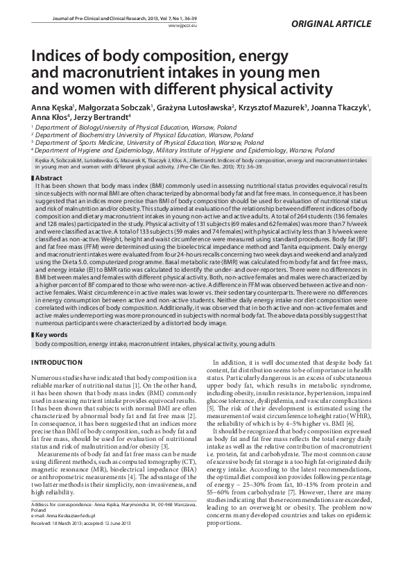 (PDF) Indices of body composition, energy and macronutrient intakes in ...