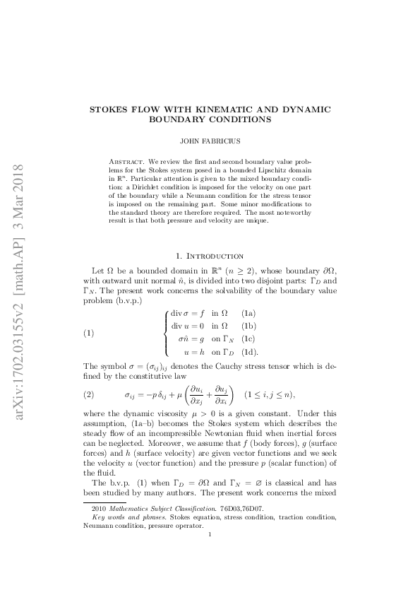(PDF) Stokes flow with kinematic and dynamic boundary conditions
