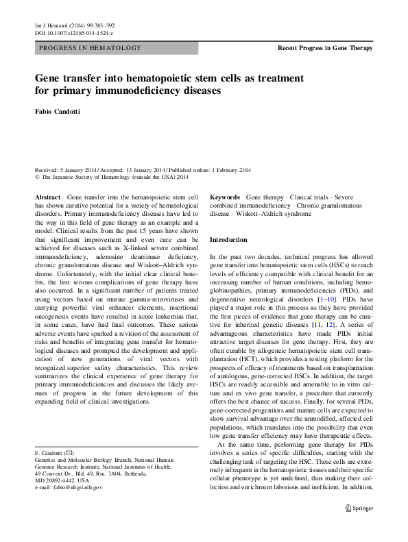 (PDF) Gene transfer into hematopoietic stem cells as treatment for ...