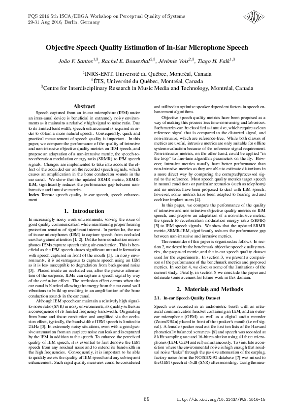 (PDF) Objective Speech Quality Estimation of In-Ear Microphone Speech