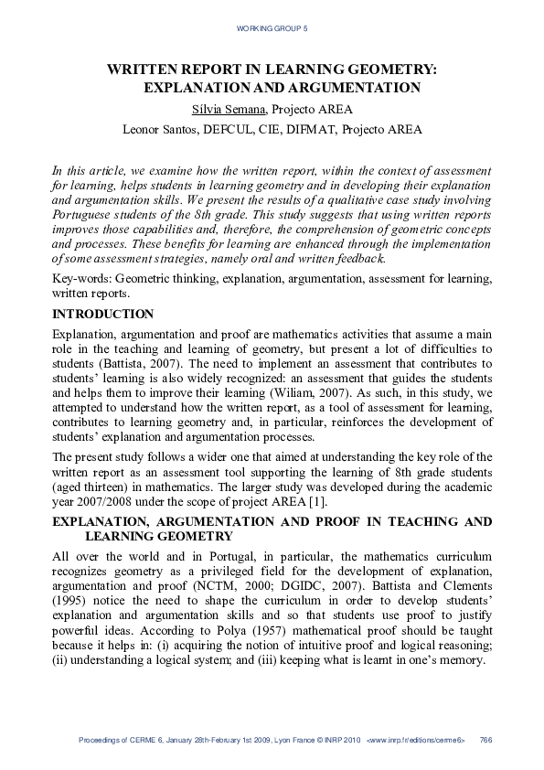 (PDF) Written report in learning geometry: explanation and argumentation