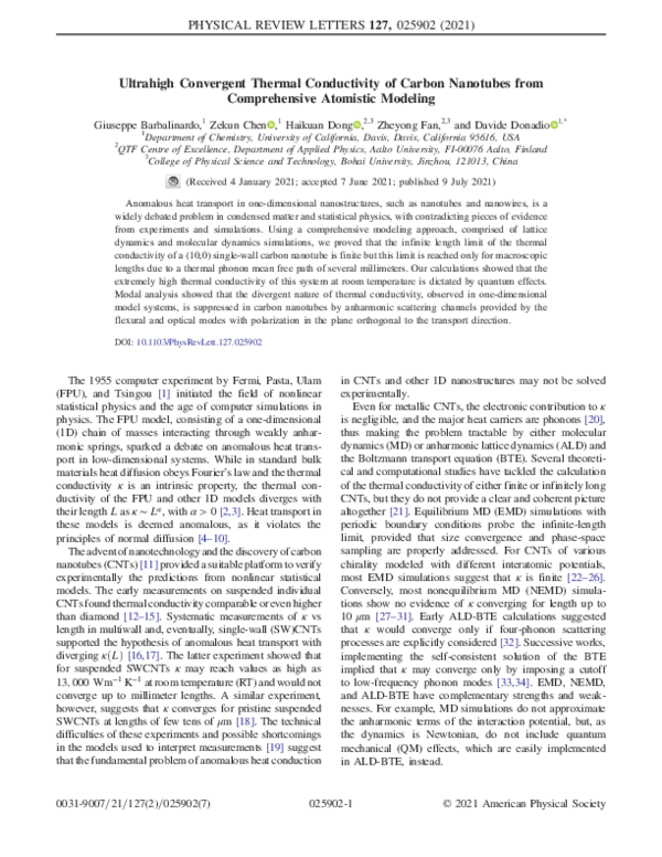 (PDF) Ultrahigh Convergent Thermal Conductivity of Carbon Nanotubes ...