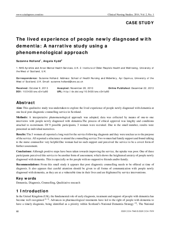 (PDF) The lived experience of people newly diagnosed with dementia: A ...
