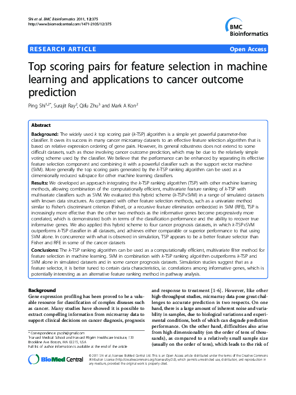 (PDF) Top scoring pairs for feature selection in machine learning and ...