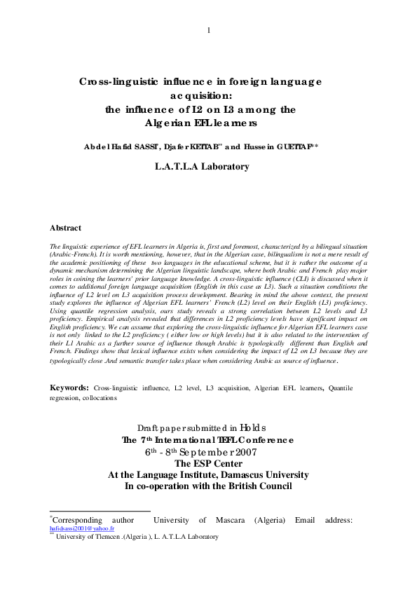 (PDF) Cross-linguistic influence in foreign language acquisition: the ...