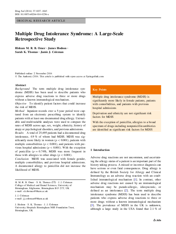 (PDF) Multiple Drug Intolerance Syndrome A LargeScale Retrospective
