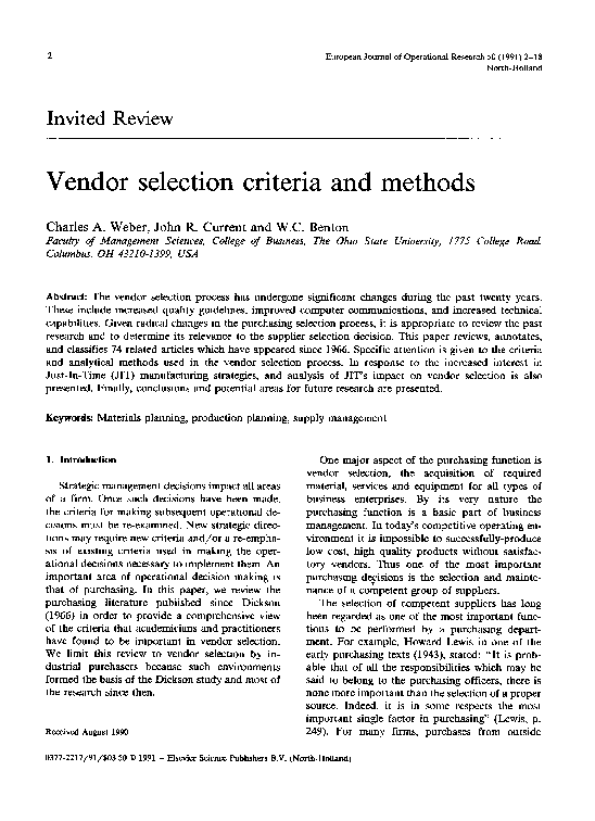 (PDF) Vendor selection criteria and methods John Current Academia.edu